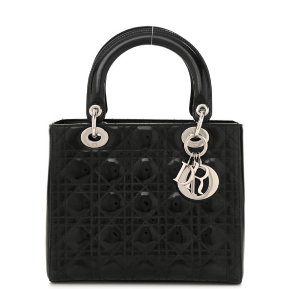 EUC Christian Dior Lady Patent Medium Black Silver Crossbody Bag 2017
